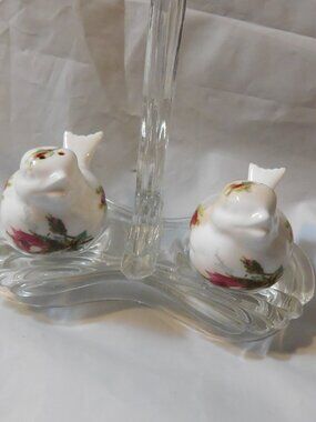 Vintage Hammersley Fine Bone China Bird Salt Pepper Shakers Glass Caddy Set